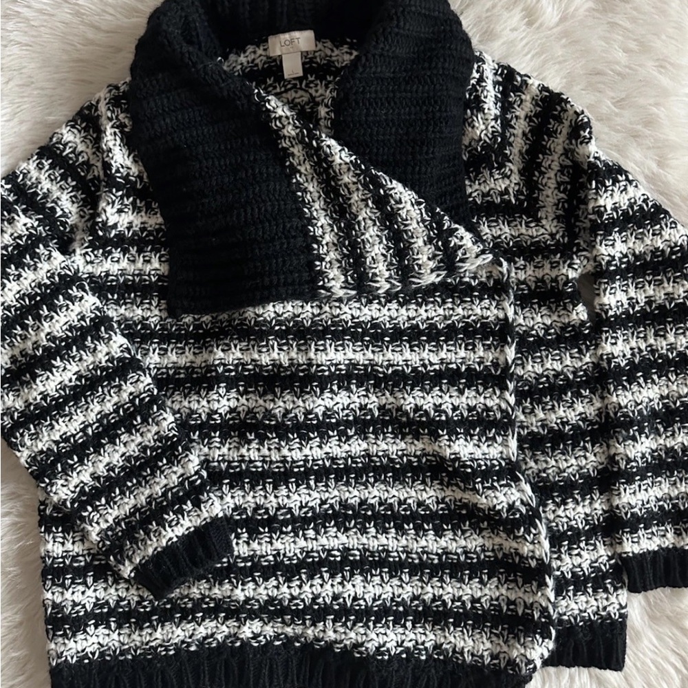 LOFT Black & White Striped Shawl Collar Cardigan Sweater